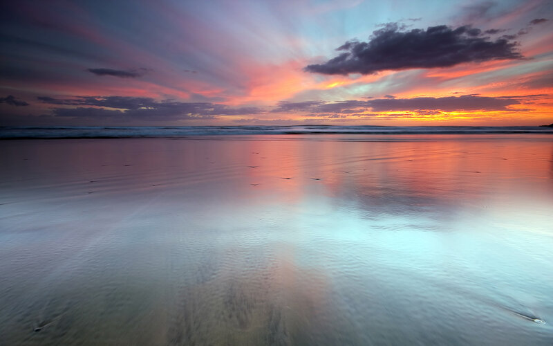 Sunset over Wet Beach — Orange, Serene, Photograph, Ocean, Clouds, Sky, Pink, Blue