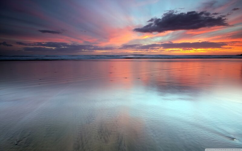 Sunset over Wet Beach — Orange, Serene, Photograph, Ocean, Clouds