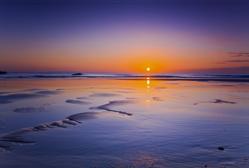 Sunset over Wet Beach — Orange, Serene, Photograph, Ocean, Sky, Sand, Purple