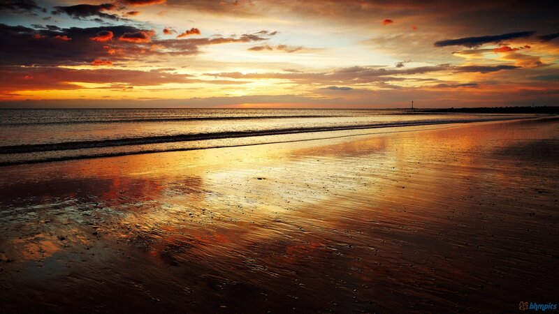 Sunset over Wet Beach — Orange, Serene, Photograph, Ocean