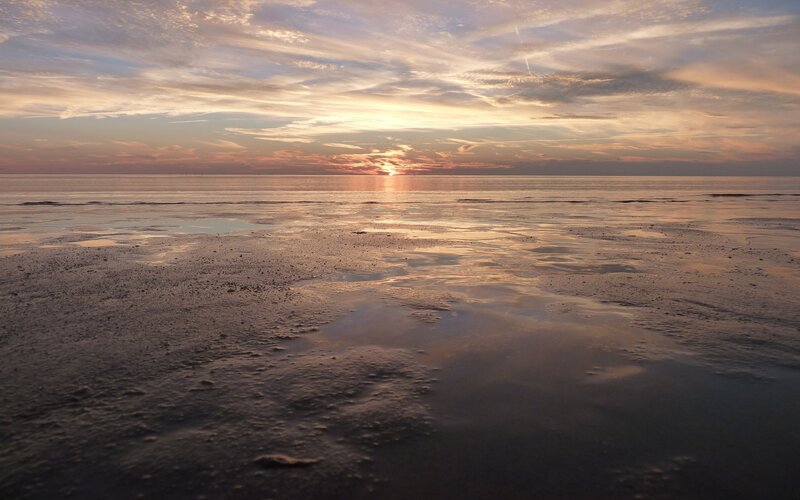 Sunset over Wet Beach — Orange, Serene, Photograph, Sky, Ocean, Sand