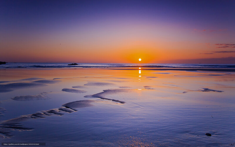 Sunset over Wet Beach — Orange, Serene, Photograph, Sun, Ocean