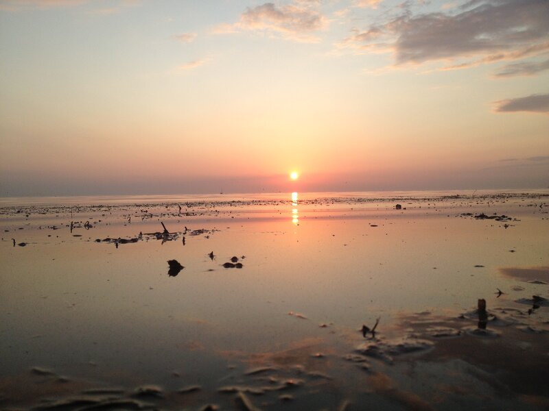 Sunset over Wet Beach — Orange, Serene, Photograph, Sun