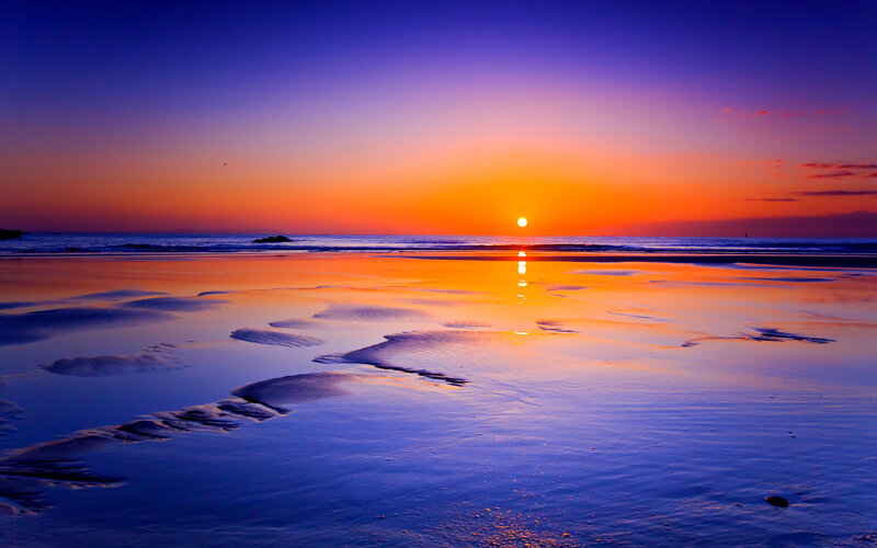 Sunset over Wet Beach — Orange, Serene, Photograph