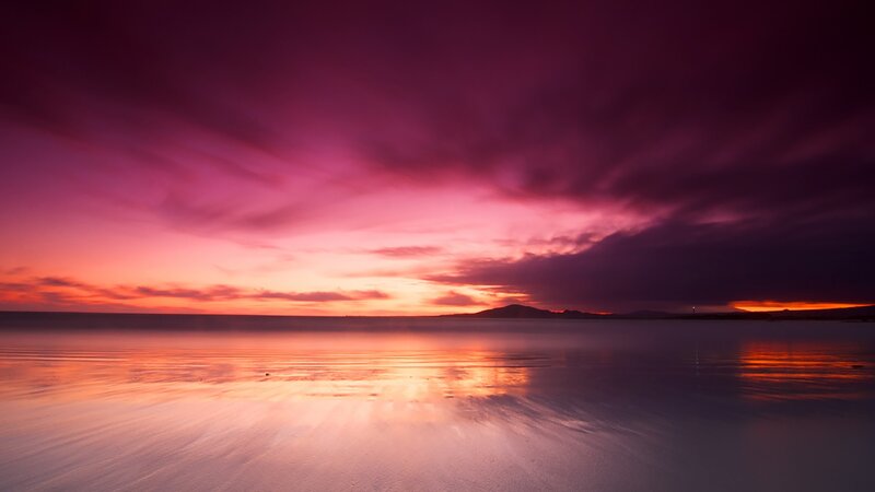 Sunset over Wet Beach — Purple, Dramatic, Photograph