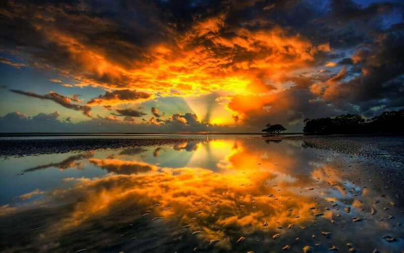 Sunset over Wet Sand — Orange, Dramatic, Photograph, Clouds