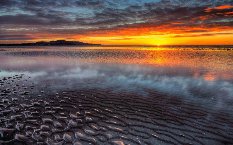 Sunset over Wet Sand — Orange, Dramatic, Photograph, Ocean