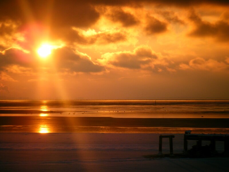 Sunset over Wet Sand — Orange, Dramatic, Photograph, Sun, Clouds