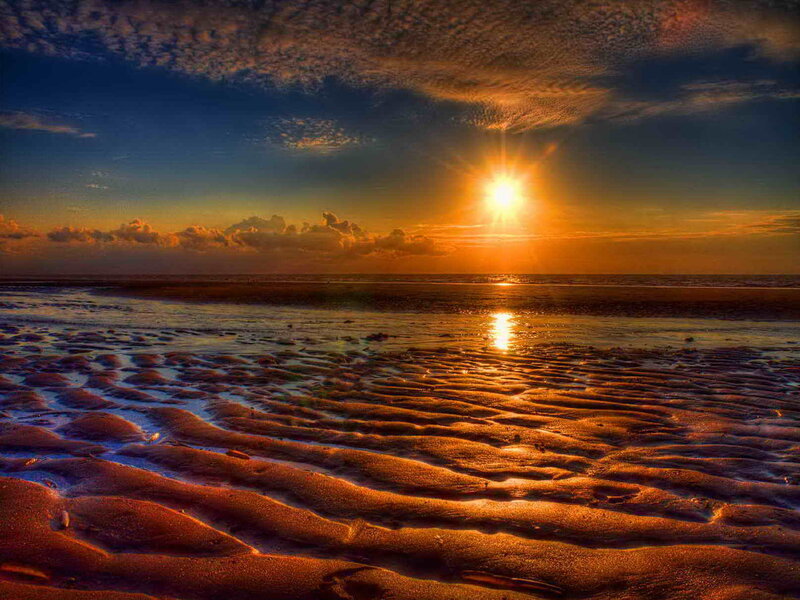 Sunset over Wet Sand — Orange, Dramatic, Photograph, Sun