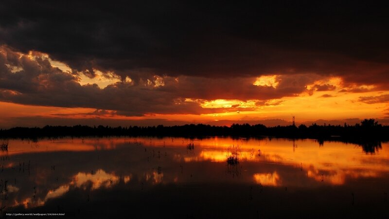 Sunset over Wetland — Orange, Dramatic, Photograph, Clouds, Water