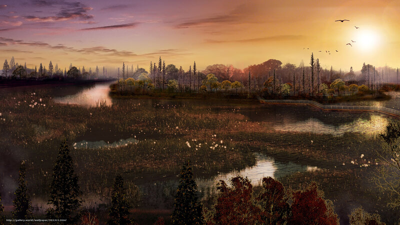Sunset over Wetland — Orange, Serene, Digital Art