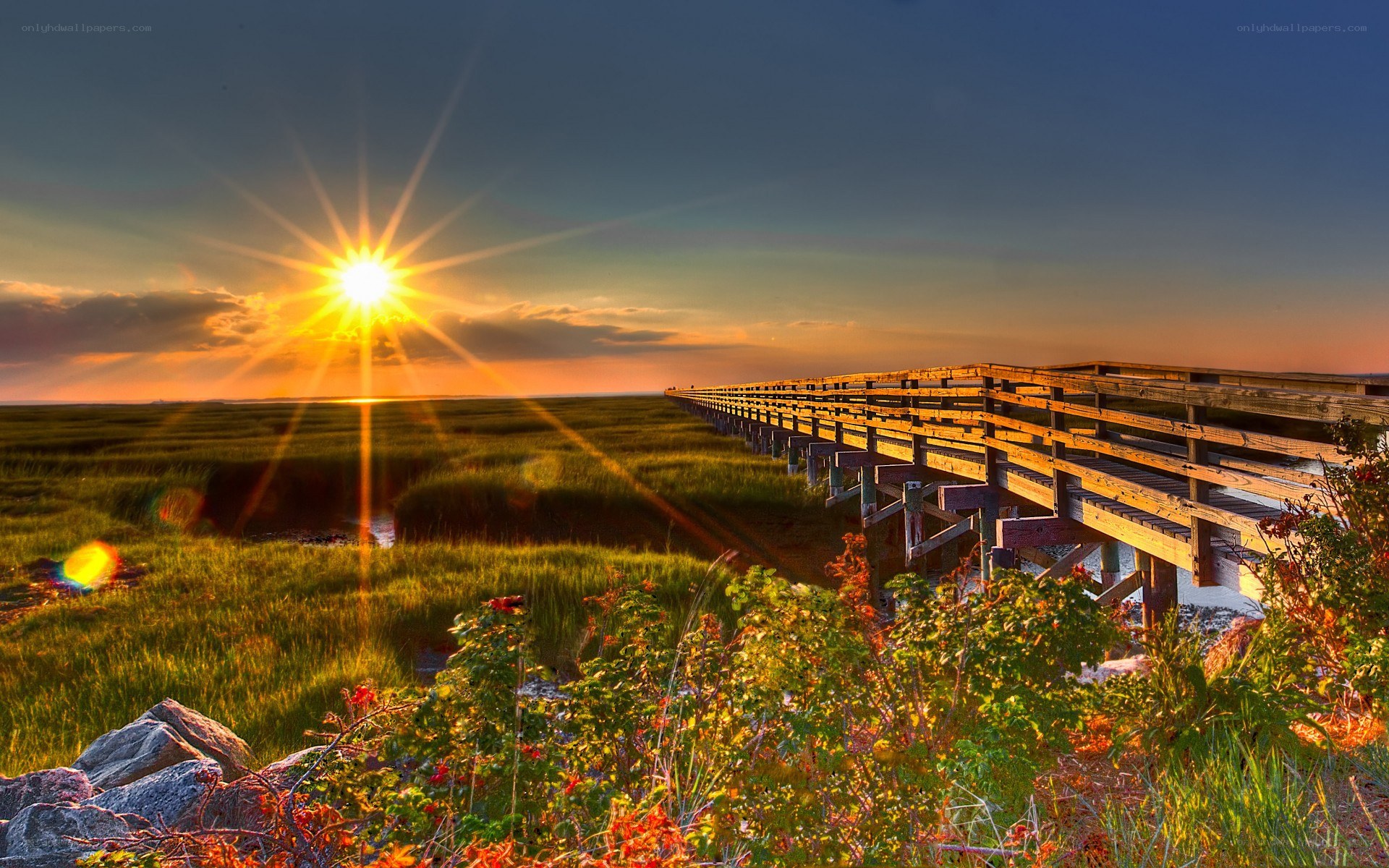 Sunset over wooden boardwalk