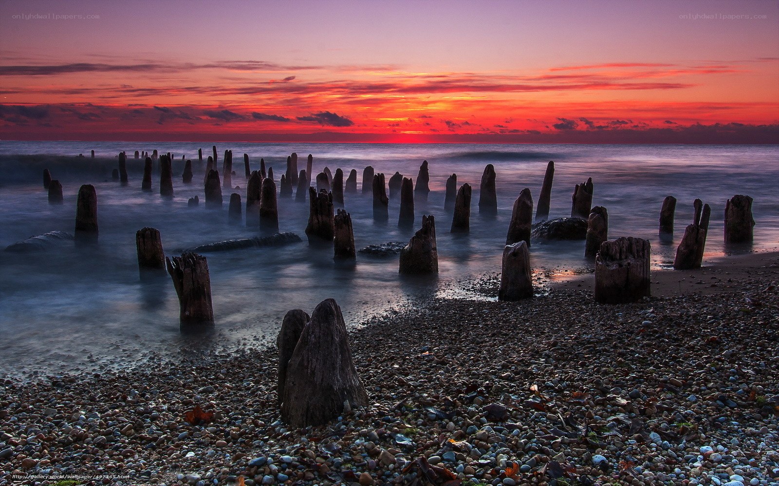 Sunset over wooden pilings
