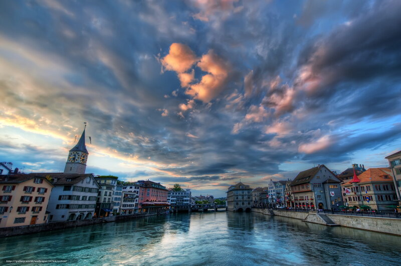Sunset over Zurich river