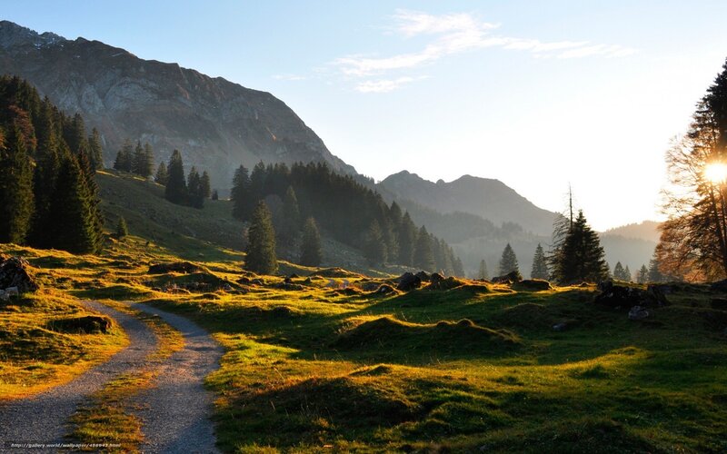 Sunset path in mountain valley