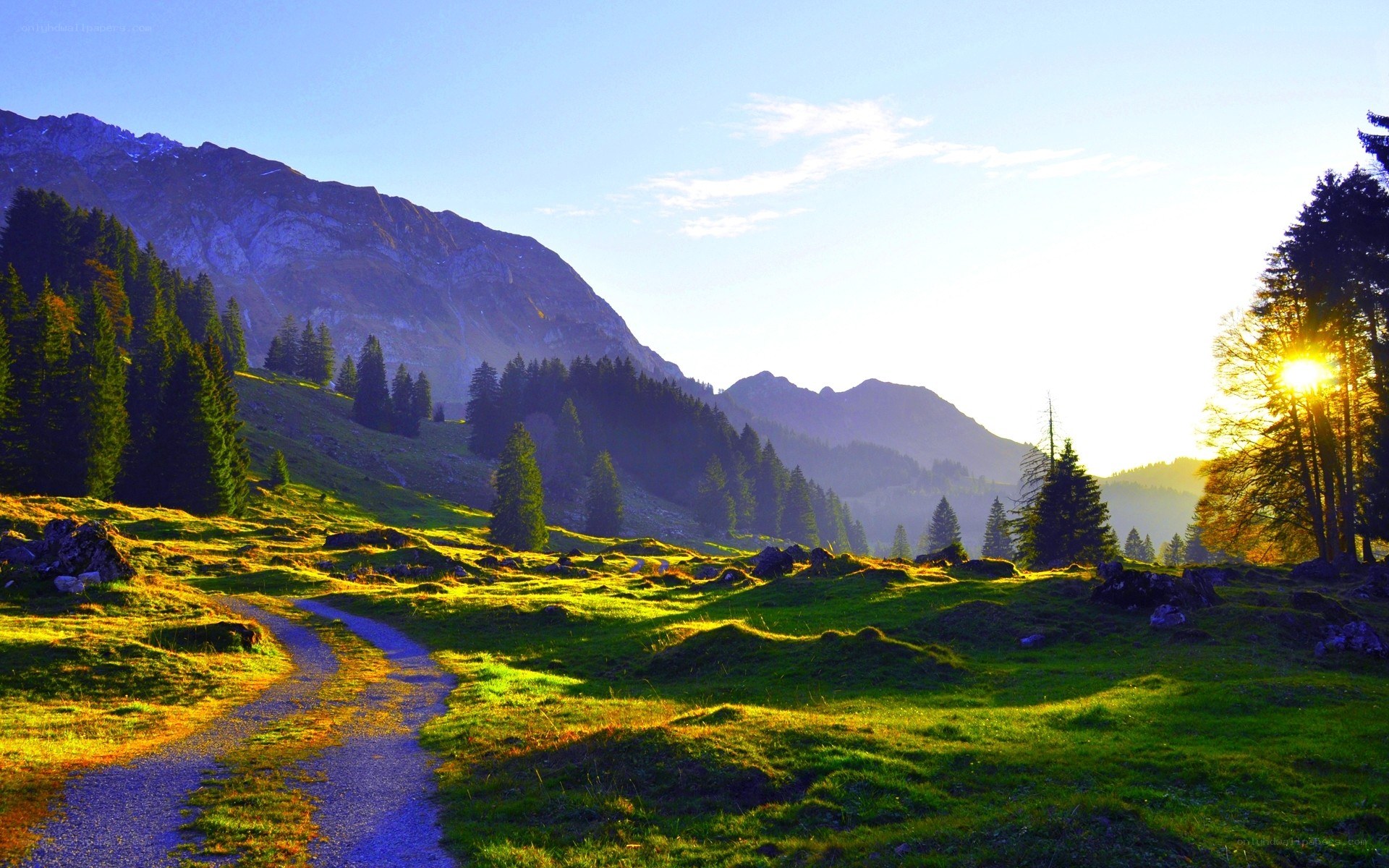 Sunset path in the mountains
