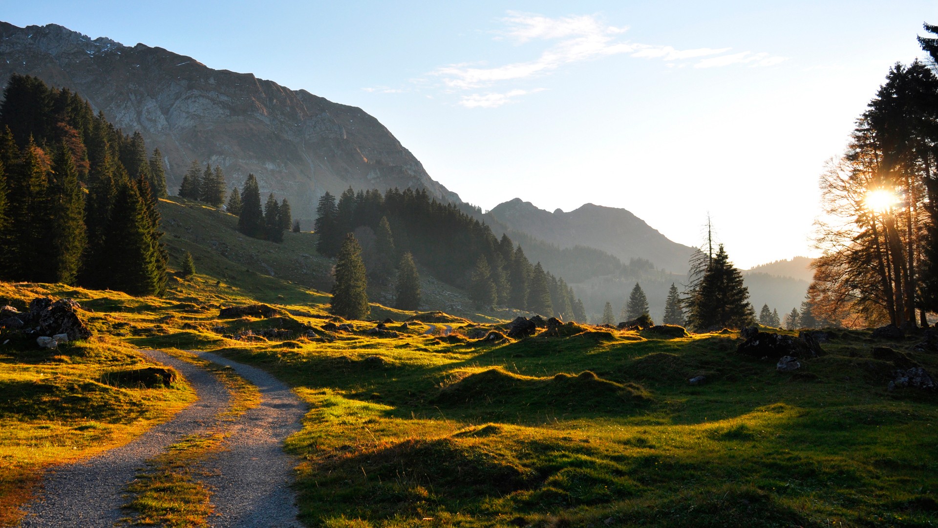 Sunset path in the mountains