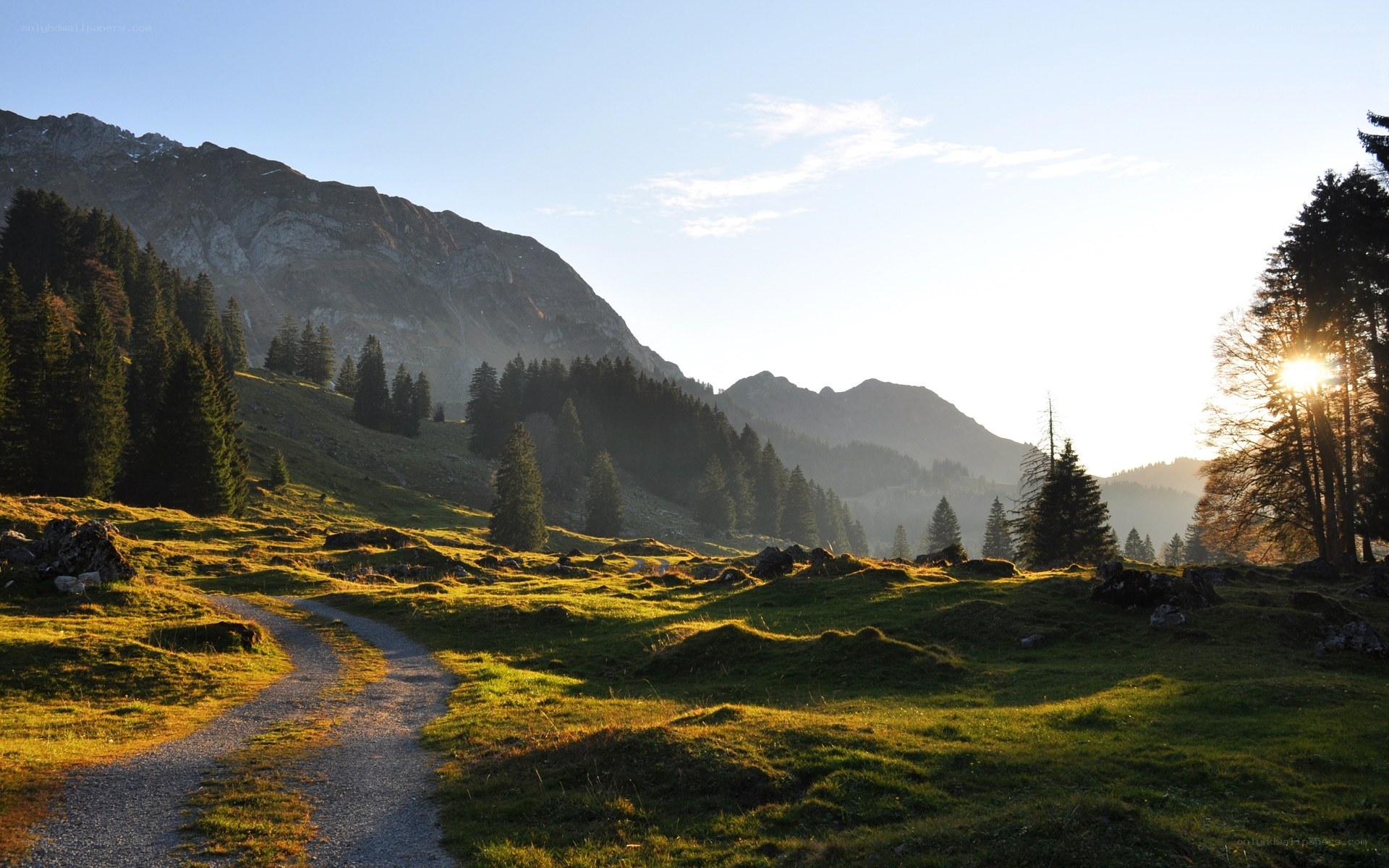 Sunset path in the mountains