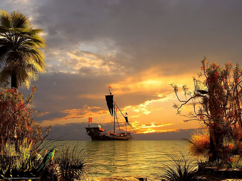 sunset pirate ship at sea