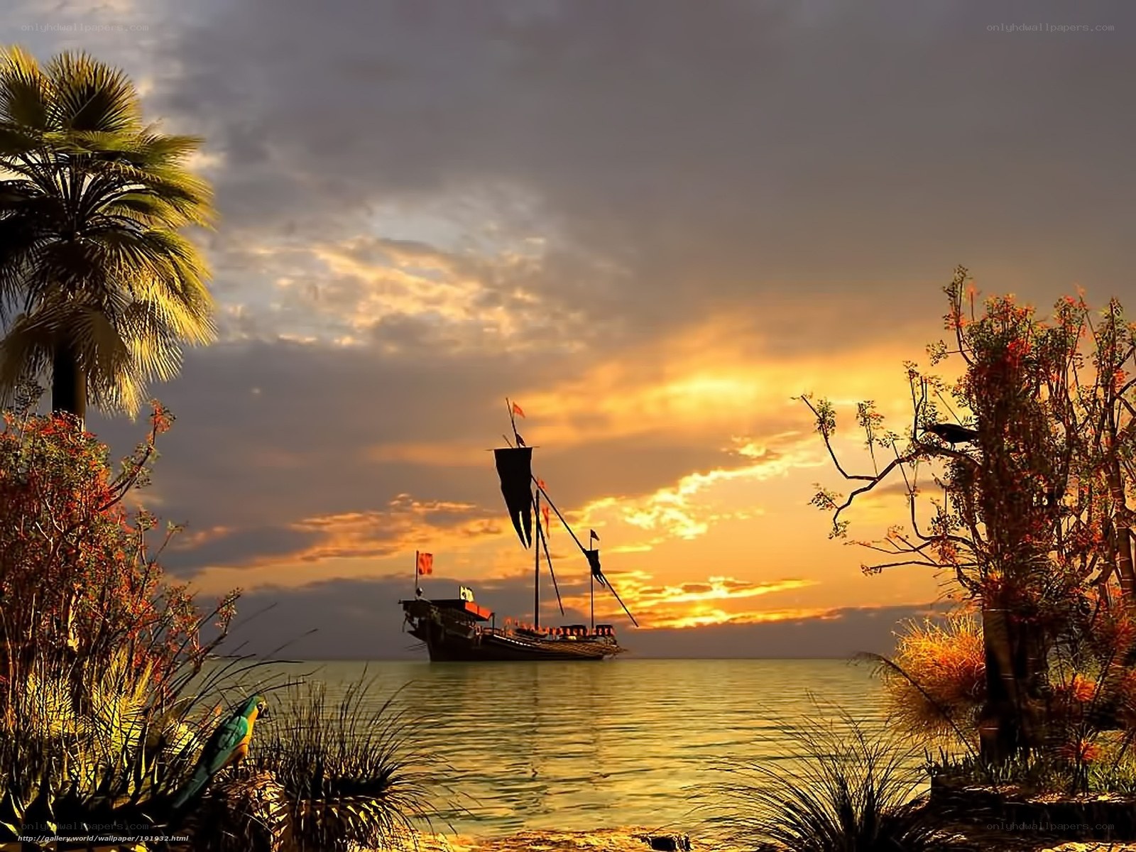 sunset pirate ship at sea