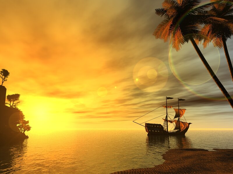 sunset pirate ship at tropical island