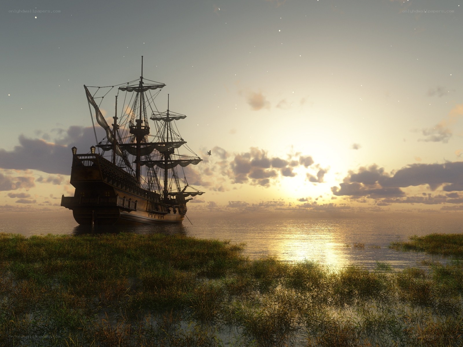 sunset pirate ship on shore