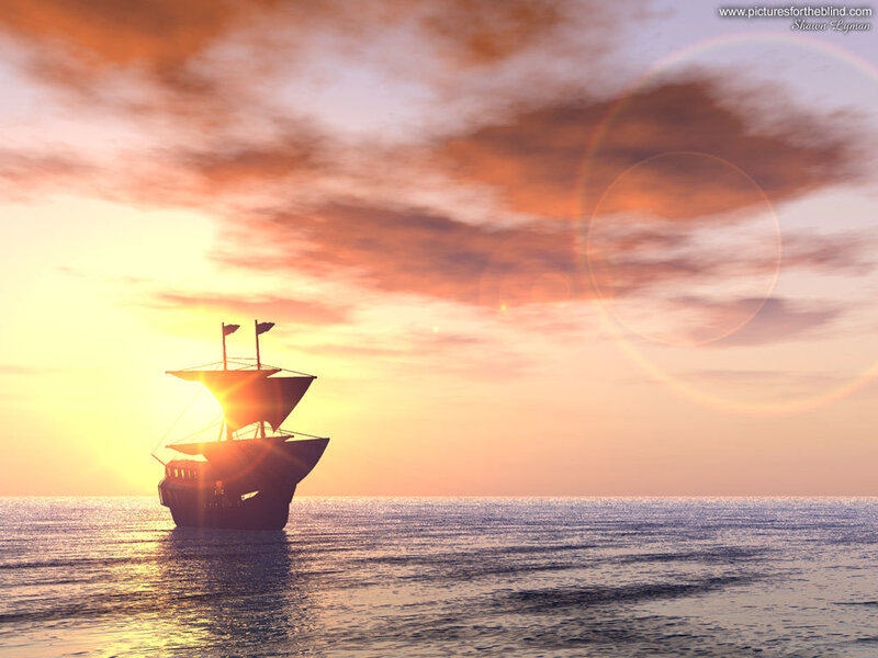 sunset pirate ship silhouette