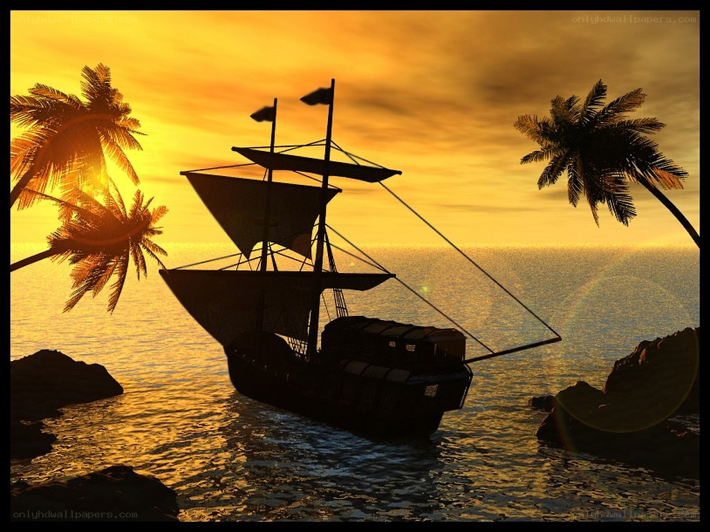 sunset pirate ship silhouette