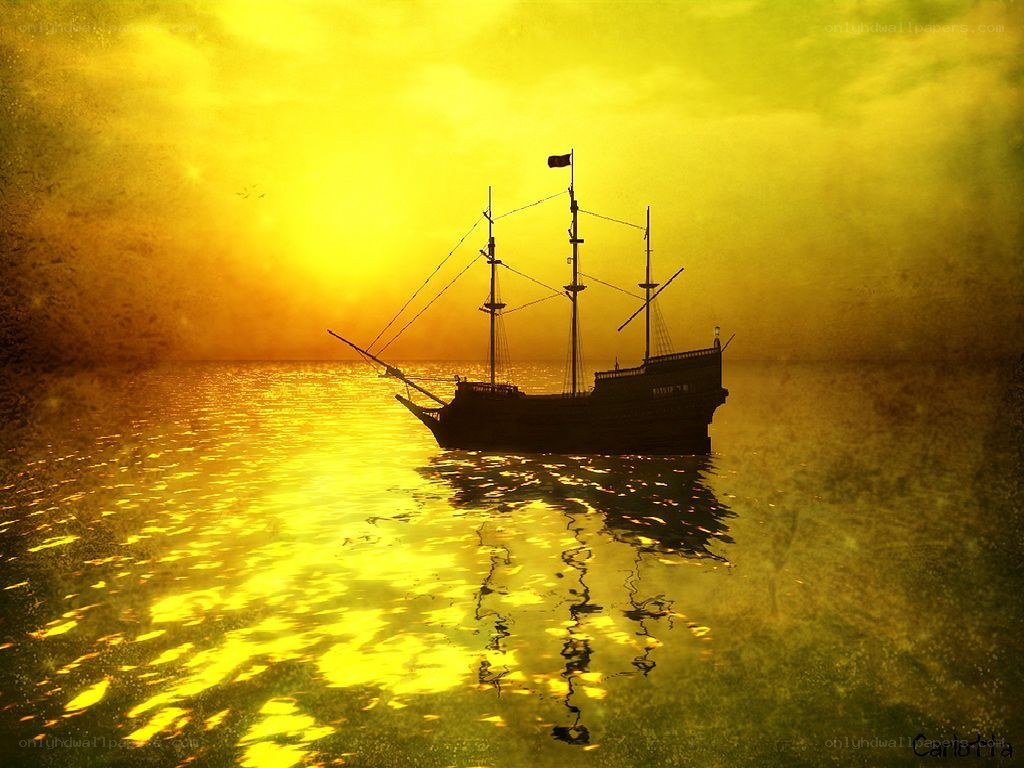sunset pirate ship silhouette