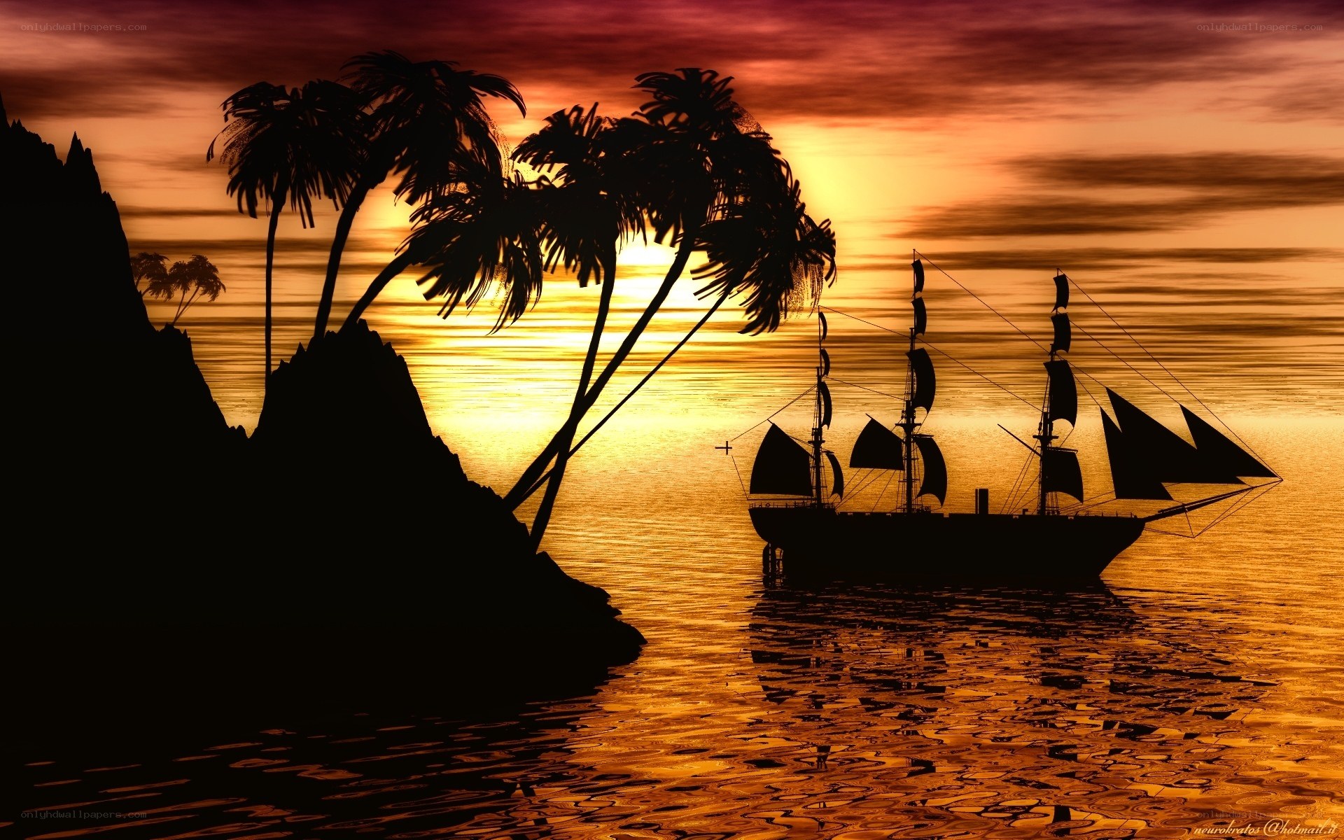 sunset pirate ship silhouette