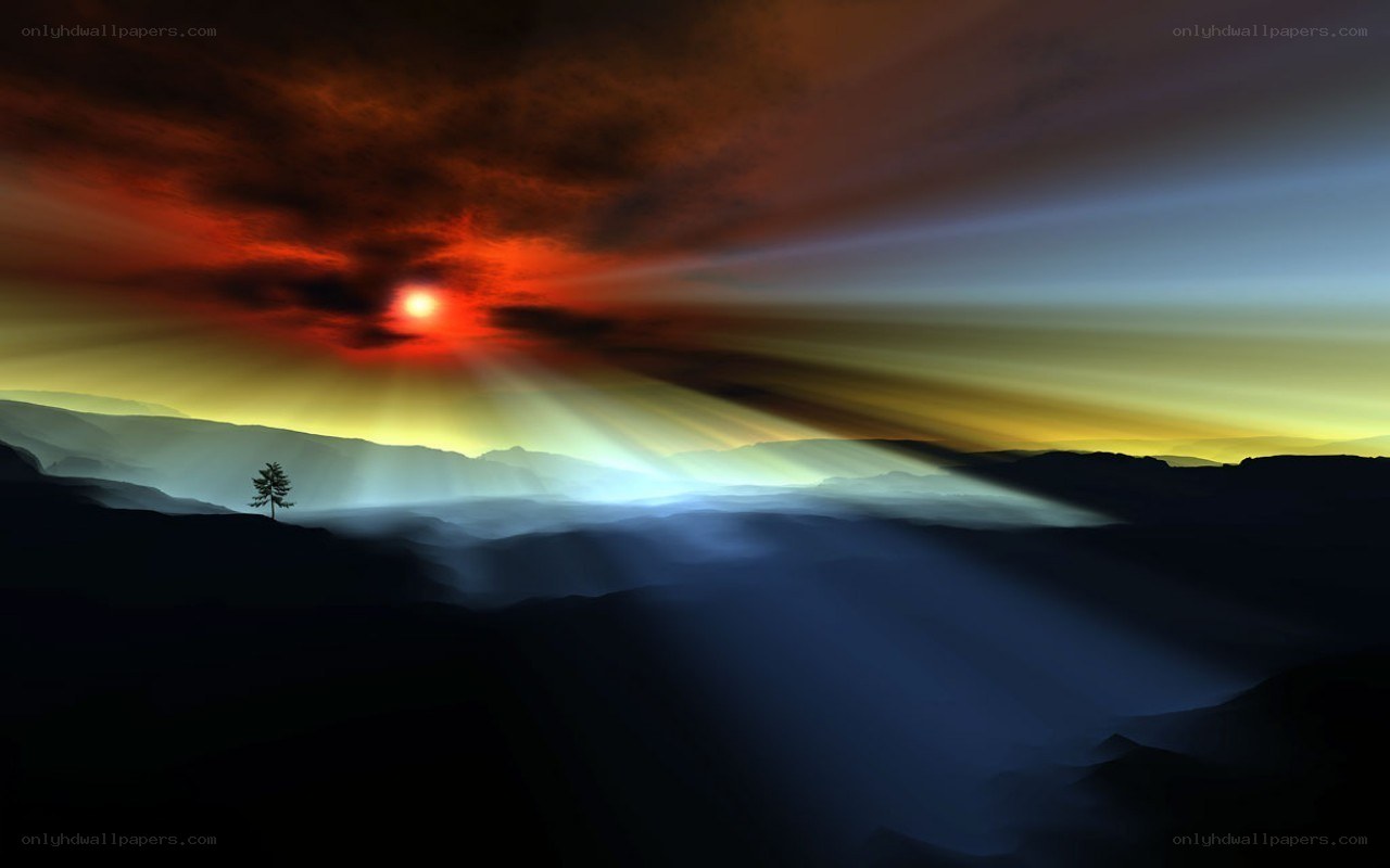 Sunset rays over mountains
