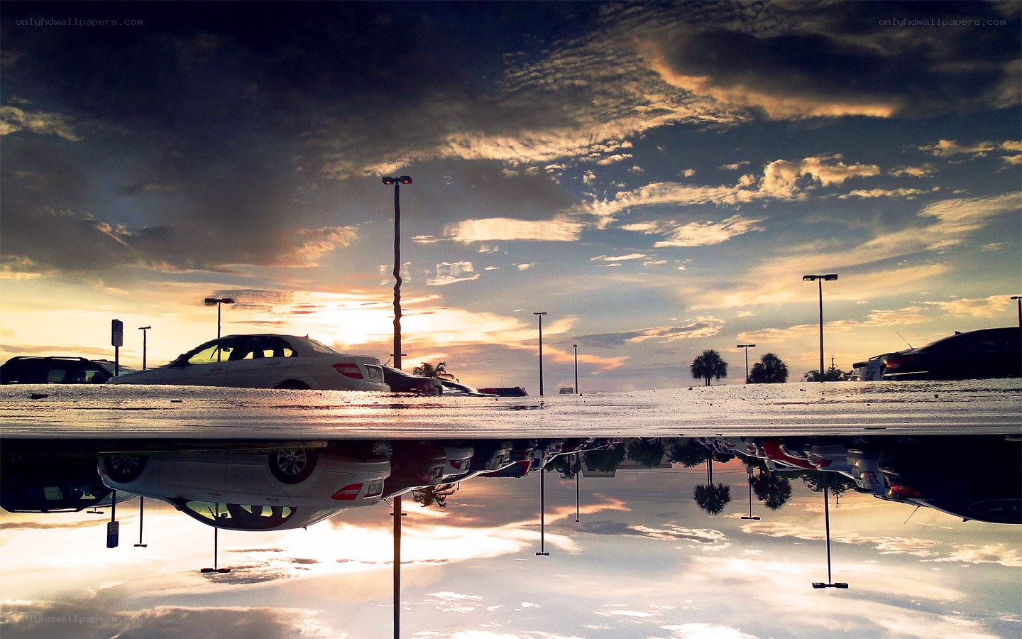 Sunset reflection in a parking lot
