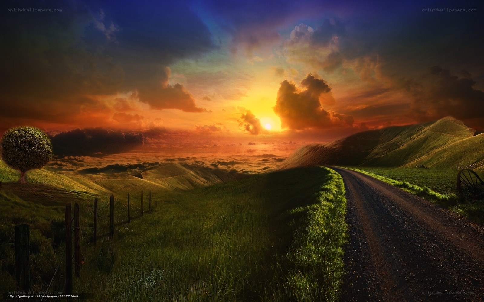 Sunset road through green hills
