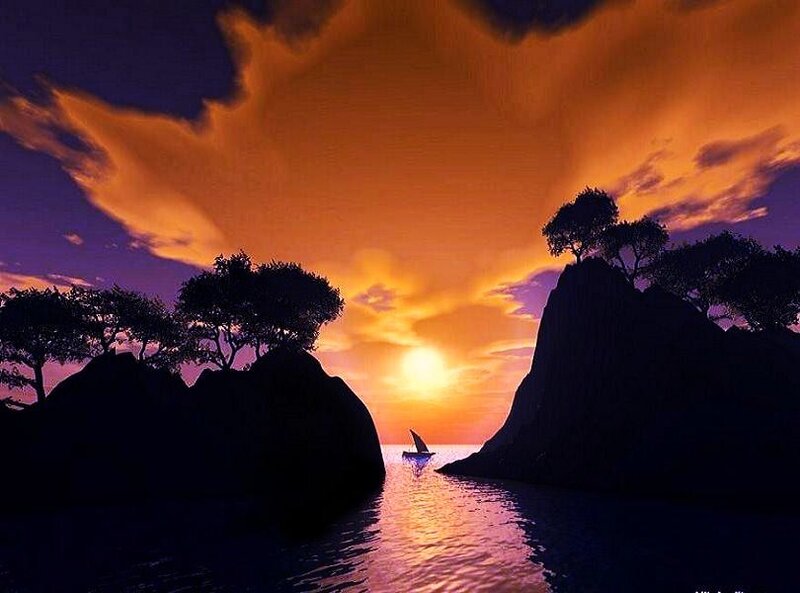 sunset sail between rocks