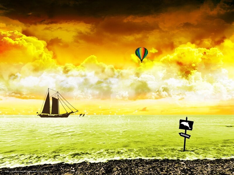 sunset sailboat and hot air balloon