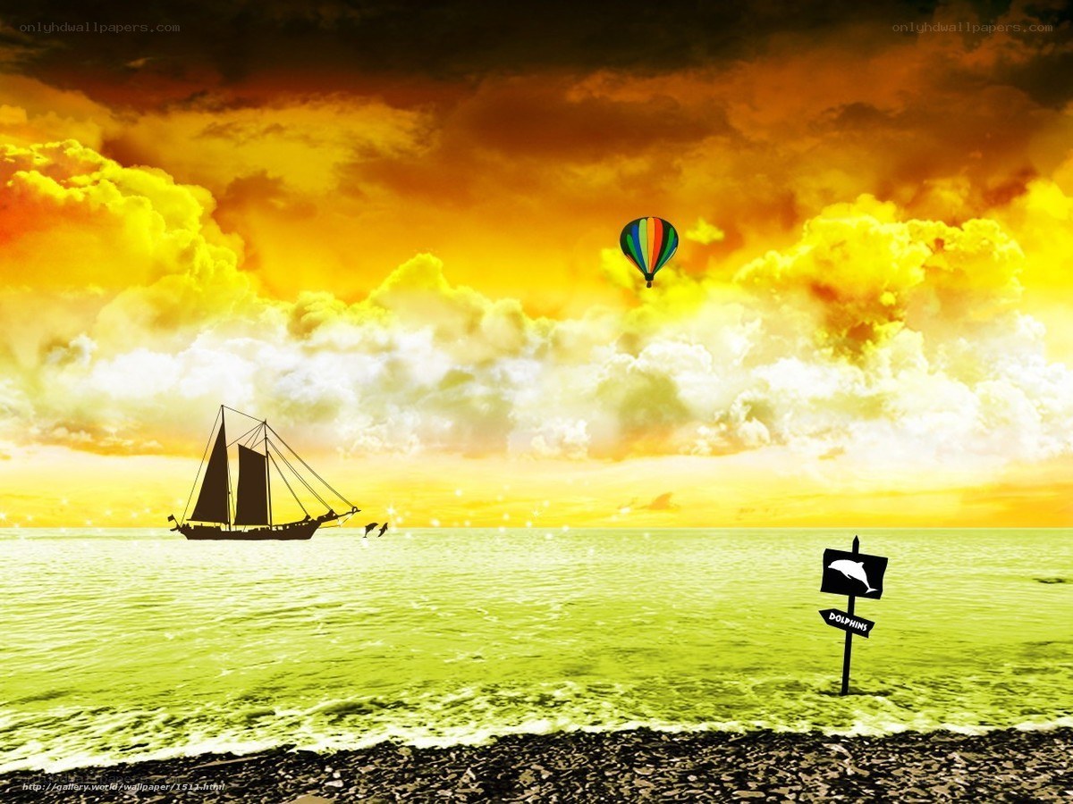 sunset sailboat and hot air balloon