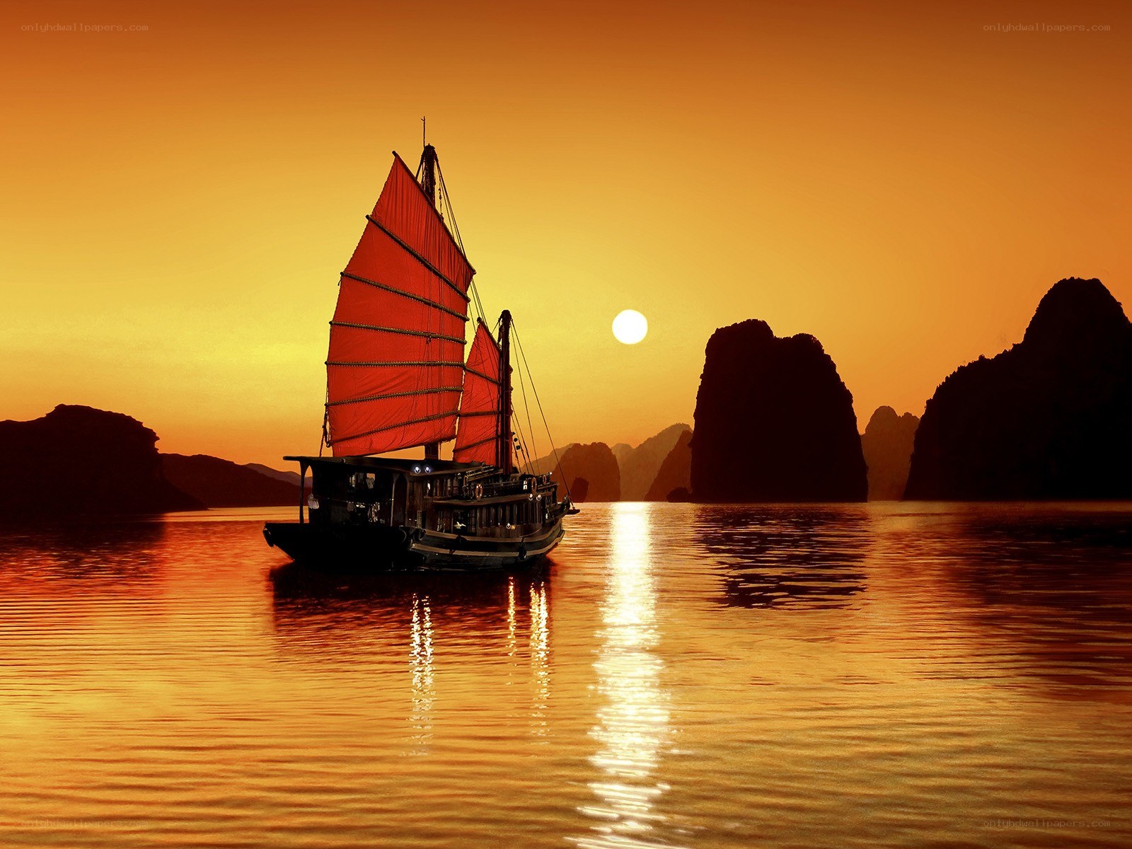Sunset sailboat in a bay