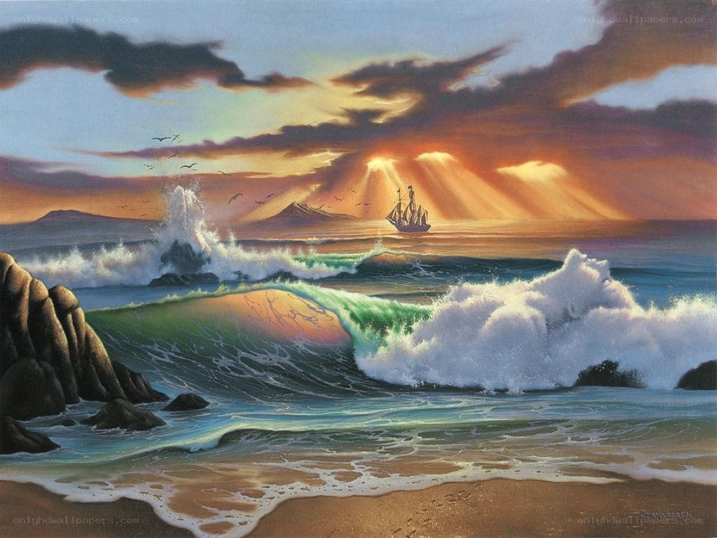 Sunset sailboat on rocky coast