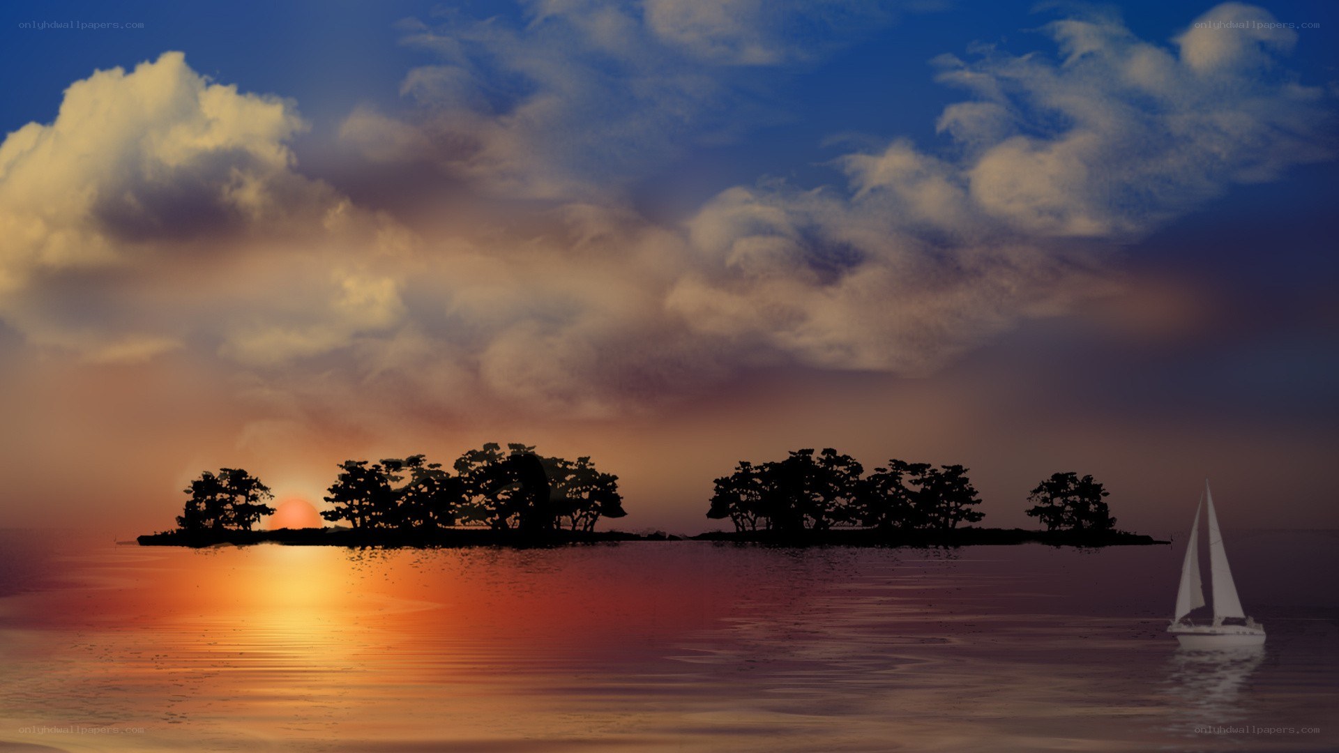sunset sailboat over island