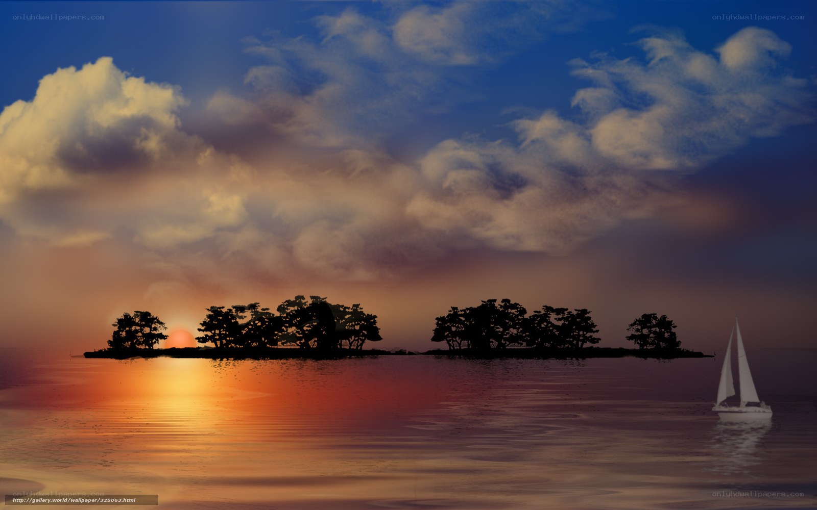 sunset sailboat over island