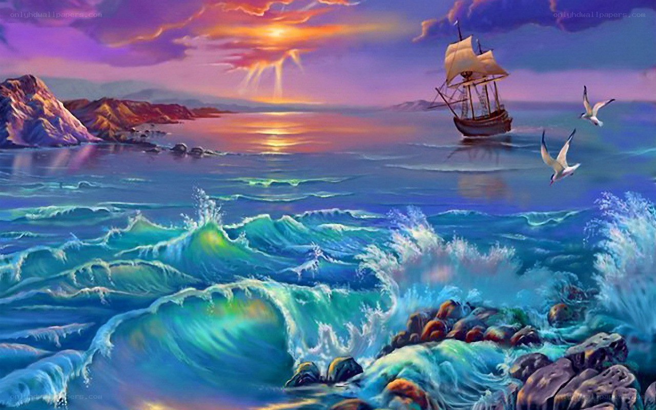 Sunset sailboat over waves