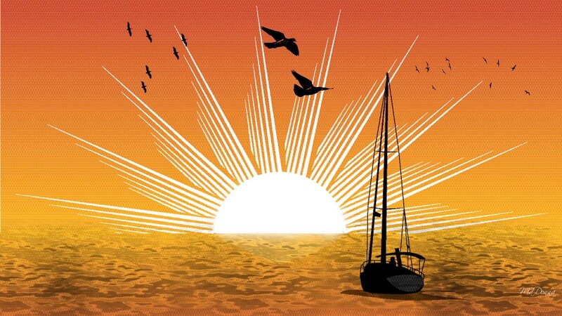 Sunset sailboat with birds