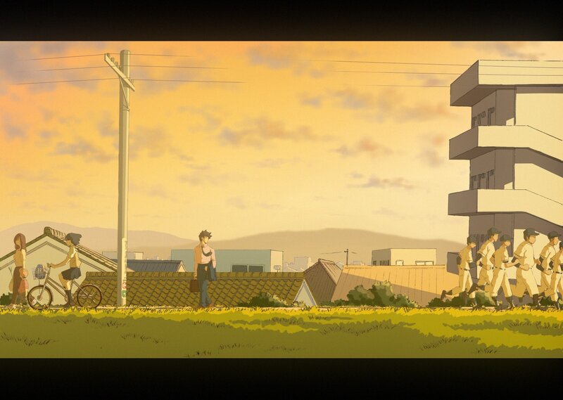 Sunset scene with people and baseball team