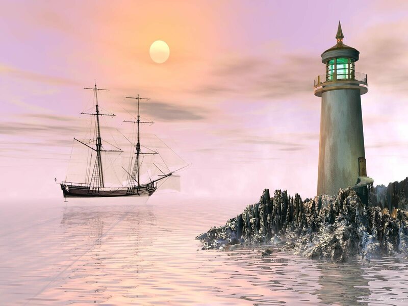 sunset ship and lighthouse