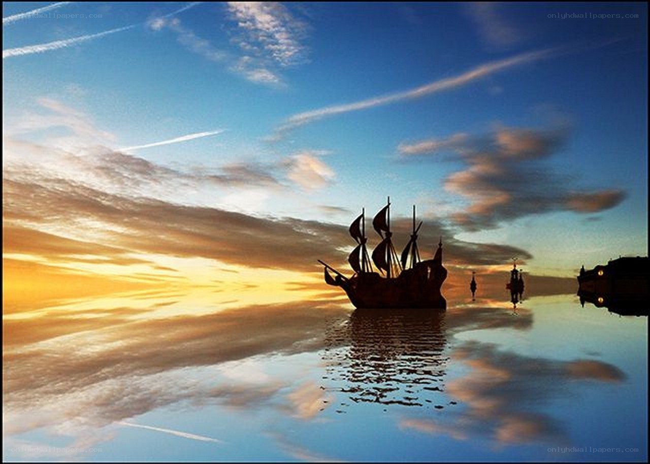 sunset ship silhouette