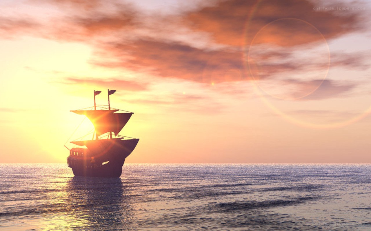 sunset ship silhouette