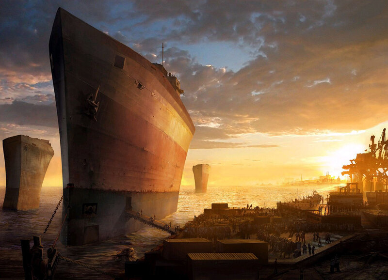 Sunset shipyard scene