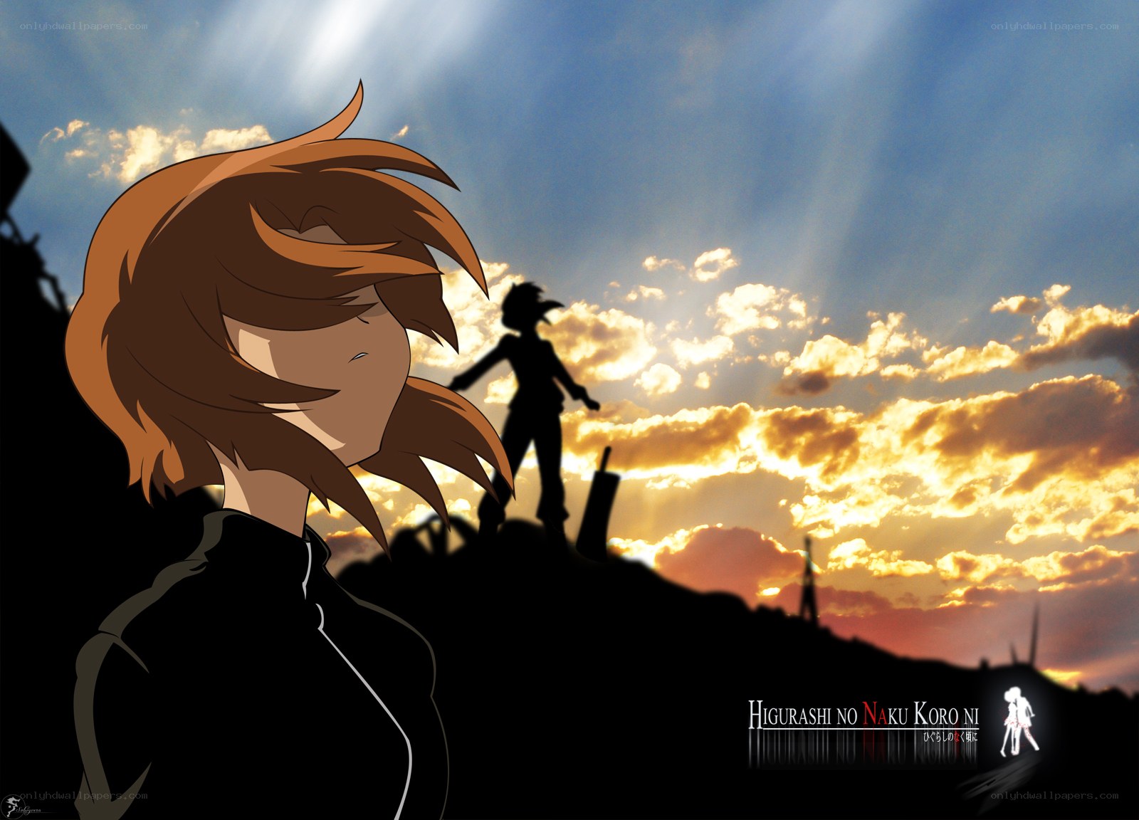 Sunset silhouette anime scene