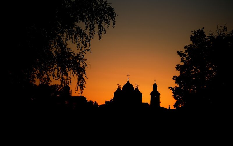 sunset silhouette of church