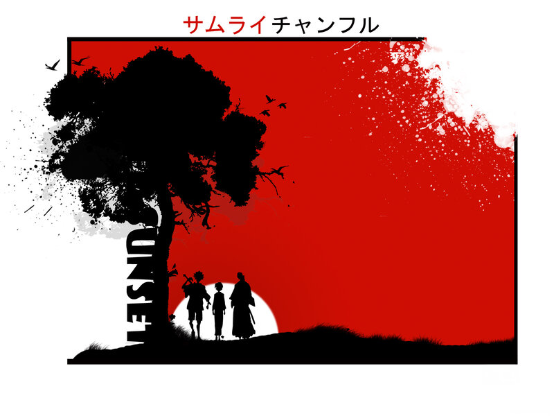 Sunset silhouettes under red sky
